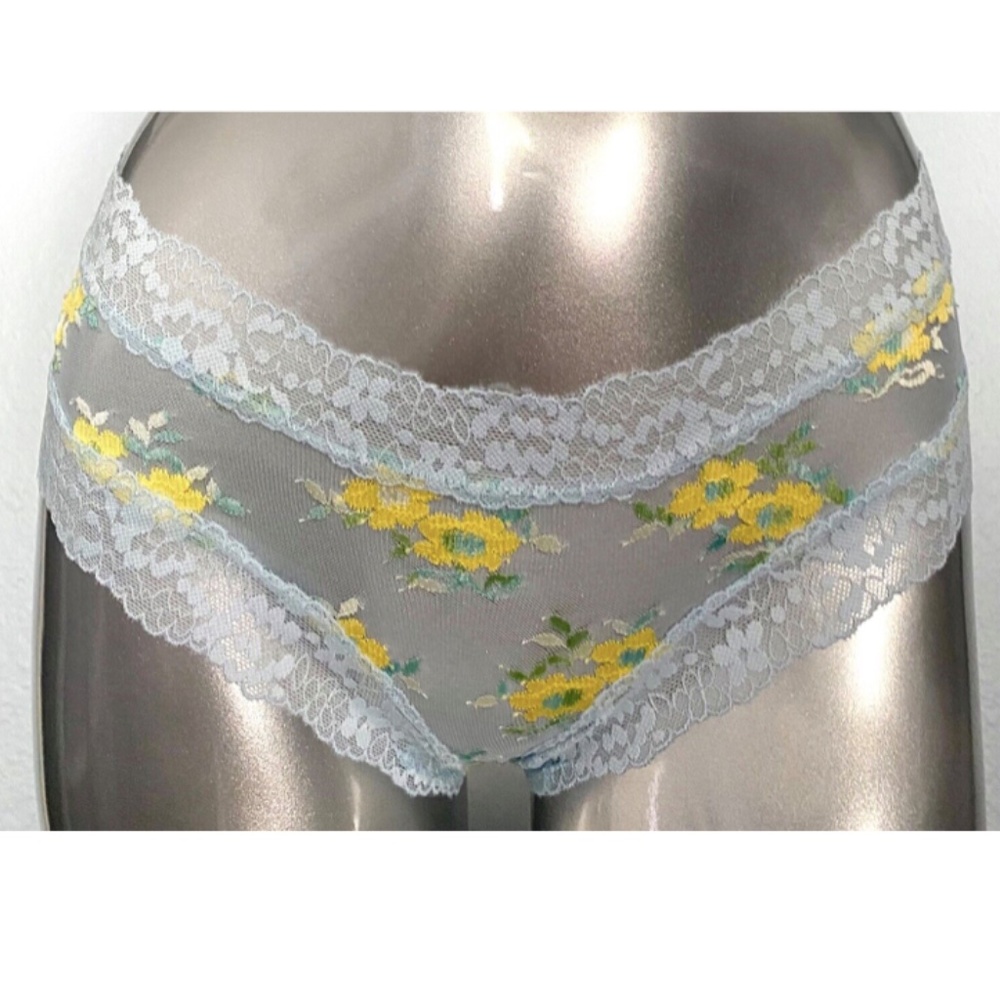 Victorias Secret Nwt Blue Sexy Sheer Yellow Flower Lace Trim Cheeky Panty